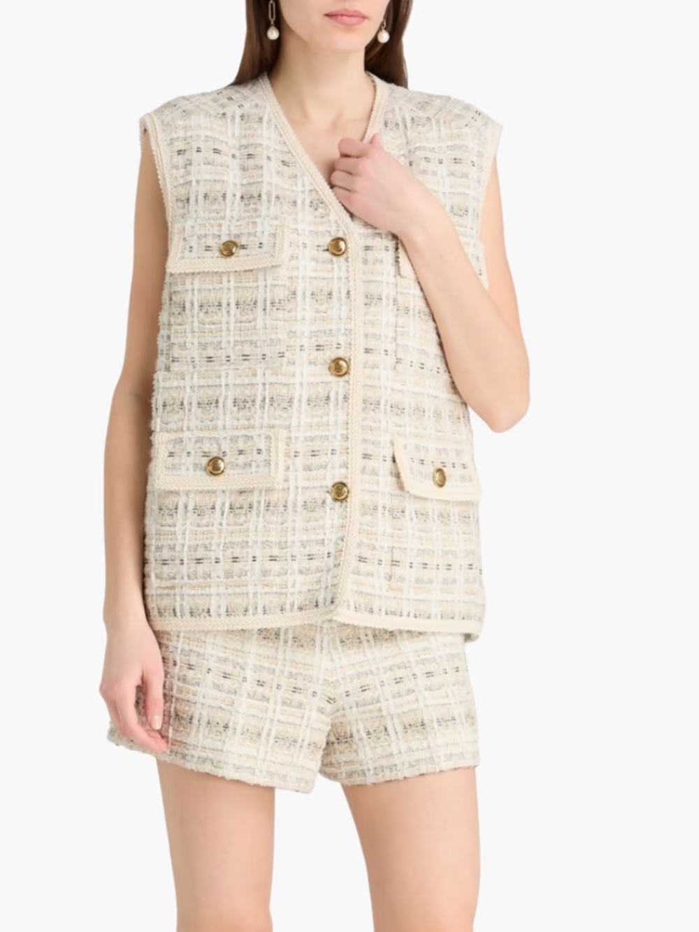 Camelia Sleeveless Tweed Jacket and Cam Tweed Shorts